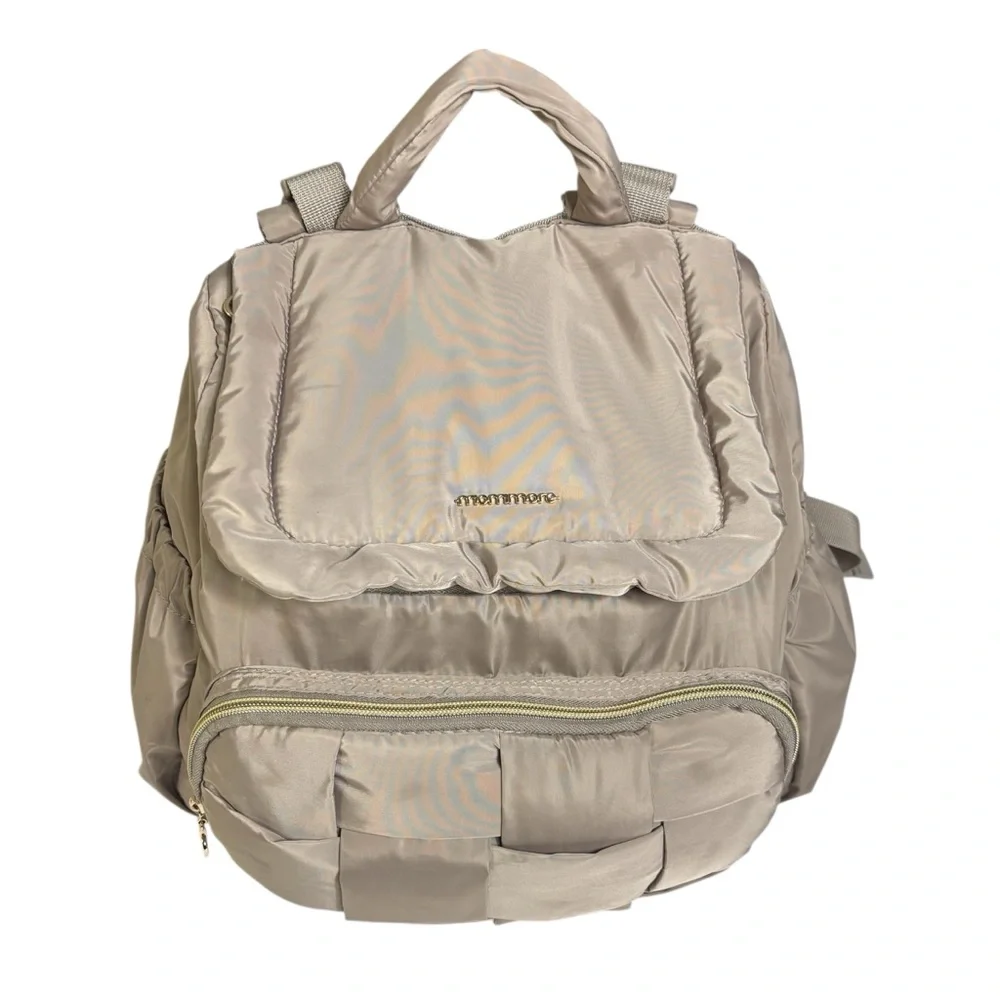 Mommore tan basket weave nylon diaper bag backpack gold hardware